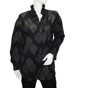 Chico's Black Gold Leaf Print Button Up Long Sleeve Blouse  Womens Size 2.5 (14)